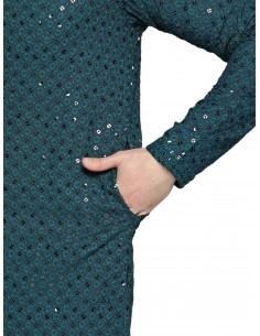 Kurta Tenue indien homme Ensemble bleu peacock Chikankari  - 1 2