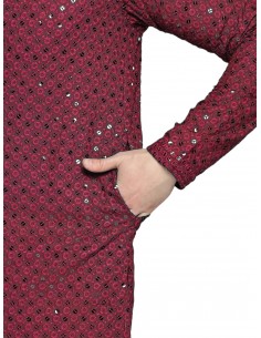 Kurta Tenue indien homme Ensemble bordeaux Chikankari  - 1 2