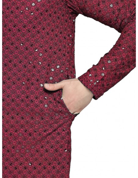 Kurta Tenue indien homme Ensemble bordeaux Chikankari  - 2