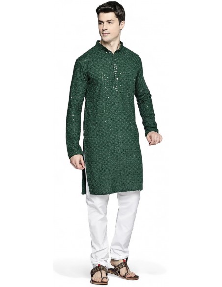 Kurta Tenue indien homme Ensemble vert Chikankari  - 1