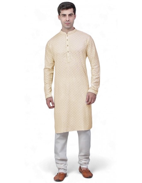 Kurta Tenue indien homme Ensemble blanc beige Chikankari  - 1