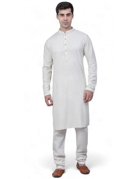 Kurta Tenue indien homme Ensemble blanc Chikankari  - 1