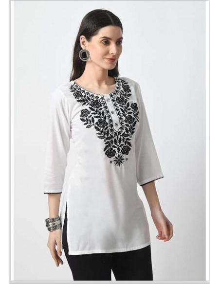 Tunique indienne Georgette humeira kurti Blanc et noir  - 1
