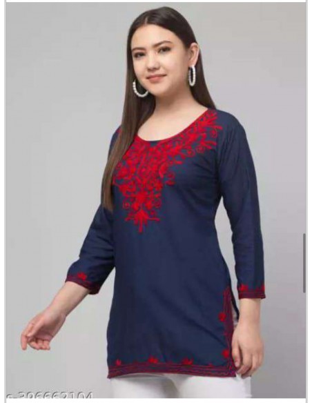 Tunique indienne Georgette humeira kurti Bleu marine et rouge  - 1