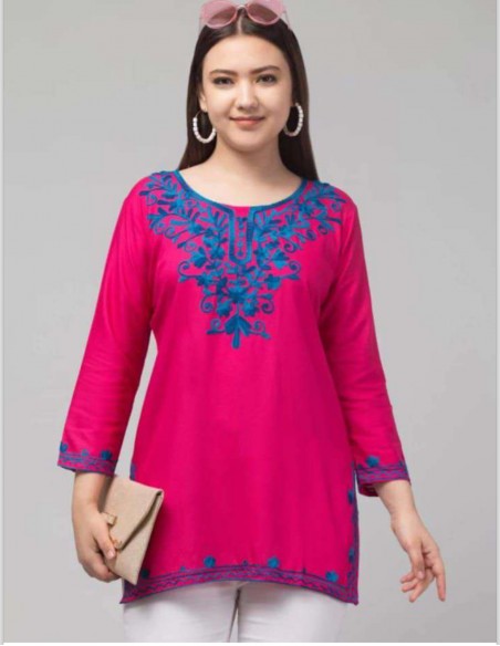 Tunique indienne Georgette humeira kurti Rose et bleu  - 1
