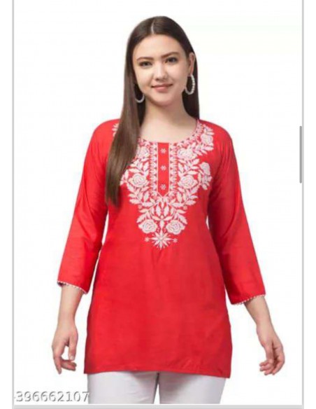 Tunique indienne Georgette humeira kurti Rouge et blanc  - 1