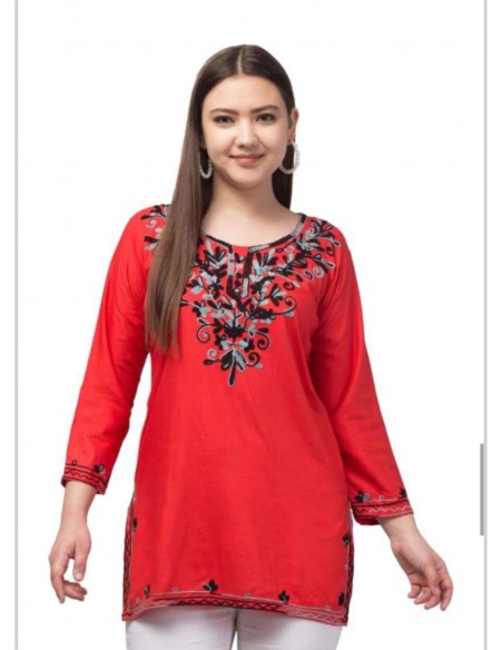 Tunique indienne Georgette humeira kurti Rouge et noir  - 1