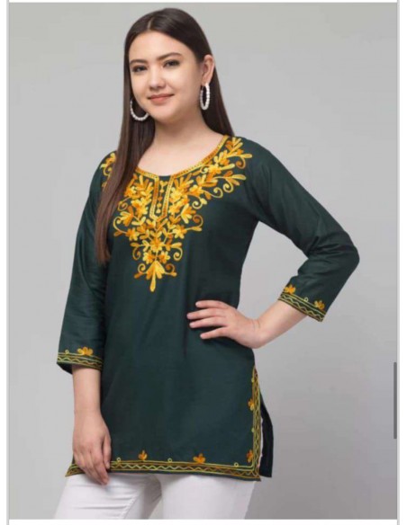 Tunique indienne Georgette humeira kurti Vert et Jaune  - 1