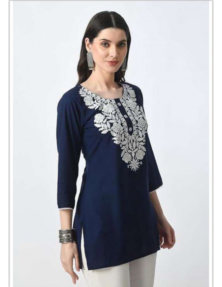 Tunique indienne Georgette humeira kurti Bleu marine et Blanc  - 1