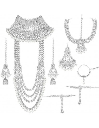 Parure bijoux indienne kundan Blanc argenté  - 1