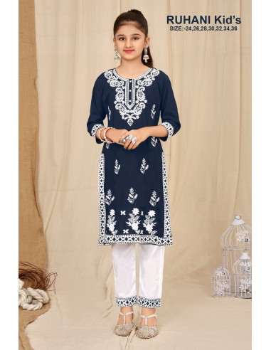 Robe indienne enfant fille pas cher sari Ruhani Bleu marine  - 1