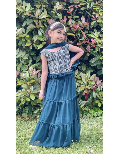 Lehenga choli sari fille enfant ALKA doré Bleu Vert  - 1