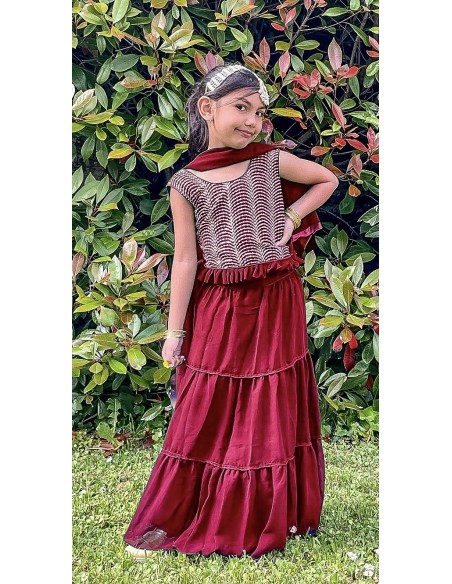 Lehenga choli sari fille enfant ALKA doré Rouge  - 1