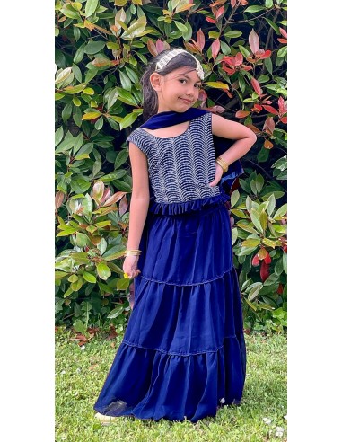 Lehenga choli sari fille enfant ALKA doré Bleu  - 1