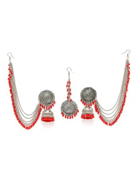 Set Bijoux tête et boucles d'oreilles Oxidised argente Rouge  - 1