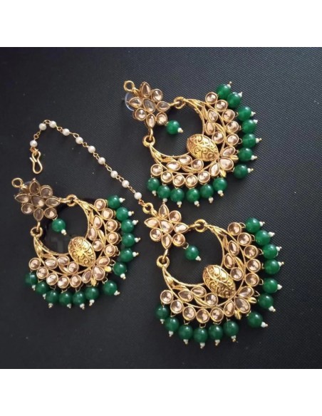 Set Bijoux tête et boucles d'oreilles vert doré  - 1