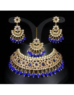 Parure Bijoux traditionnel collier indienne doré Bleu padma  - 1