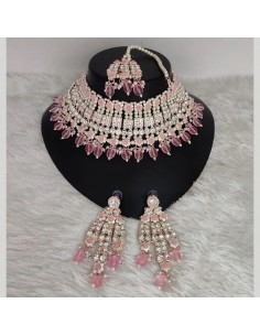 Parure Bijoux traditionnel collier indienne doré rose  - 1