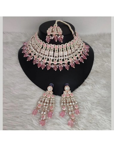 Parure Bijoux traditionnel collier indienne doré rose  - 1
