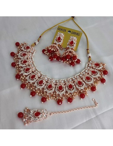 Parure Bijoux traditionnel collier indienne Deesha doré Rouge  - 1