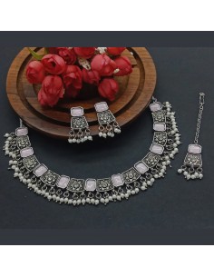 Parure Bijoux collier indienne argenté style oxydé blanc  - 1