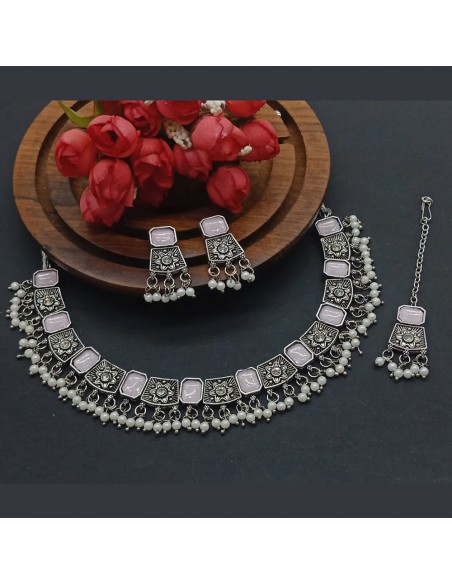 Parure Bijoux collier indienne argenté style oxydé blanc  - 1