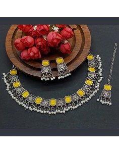 Parure Bijoux collier indienne argenté style oxydé Jaune  - 1