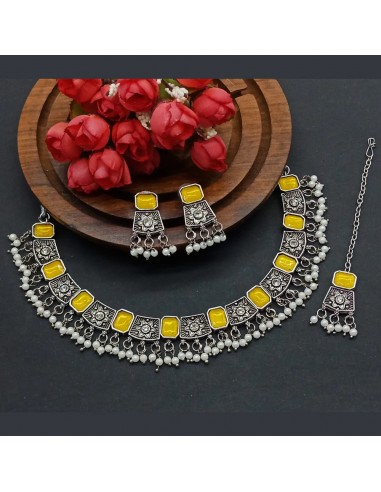 Parure Bijoux collier indienne argenté style oxydé Jaune  - 1