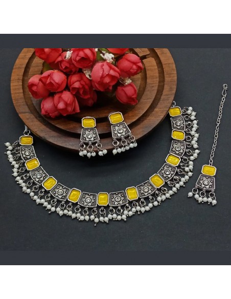Parure Bijoux collier indienne argenté style oxydé Jaune  - 1