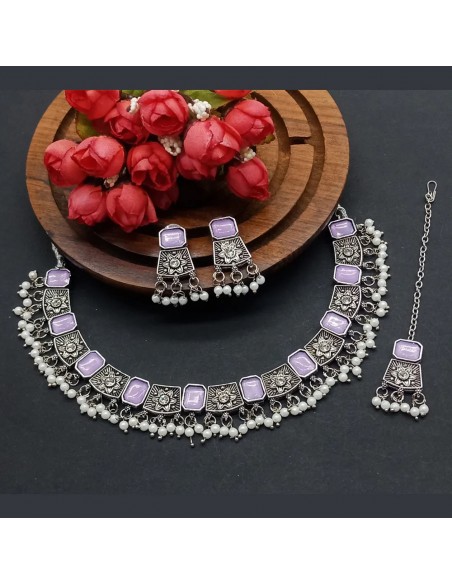 Parure Bijoux collier indienne argenté style oxydé mauve  - 1