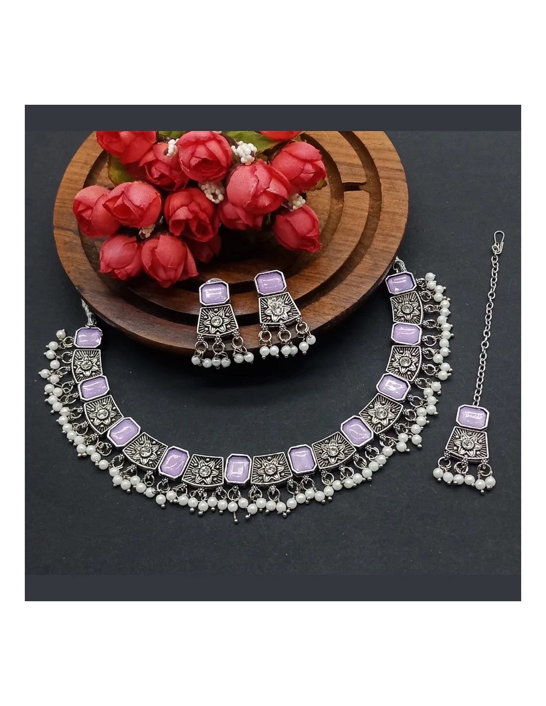 Parure Bijoux collier indienne argenté style oxydé mauve Bijoux