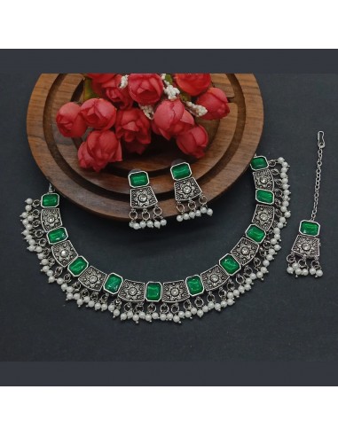 Parure Bijoux collier indienne argenté style oxydé vert  - 1