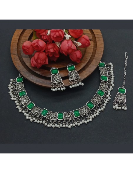 Parure Bijoux collier indienne argenté style oxydé vert  - 1