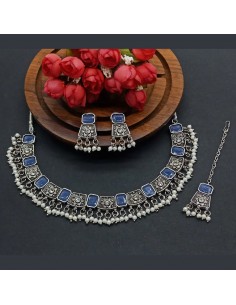 Parure Bijoux collier indienne argenté style oxydé Bleu  - 1