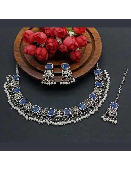 Parure Bijoux collier indienne argenté style oxydé Bleu  - 1