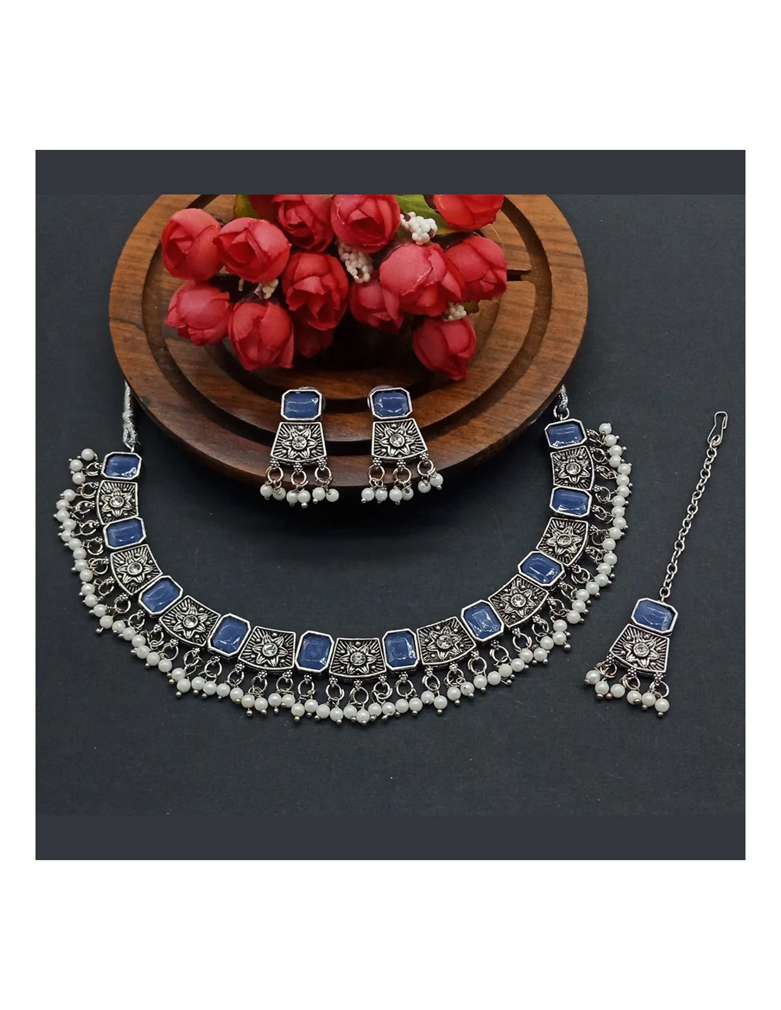 Parure Bijoux collier indienne argenté style oxydé Bleu Bijoux indiens