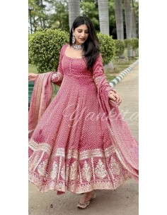 Robe indienne longue evase anarkali Salwar kameez Yankita rouge  - 1 2