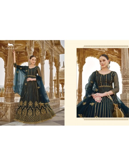 Gown indienne pakistanaise anarkali salwar churidar Senhora bleu/vert et doré  - 2