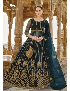 Gown indienne pakistanaise anarkali salwar churidar Senhora bleu/vert et doré  - 1