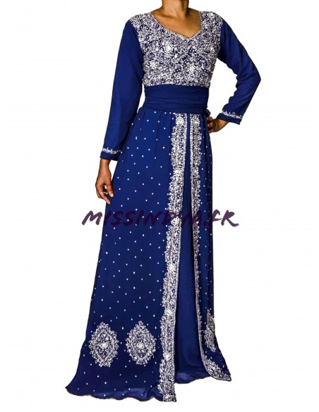 Robe indienne de Soirée Dhamak style caftan bleu Marine  - 1