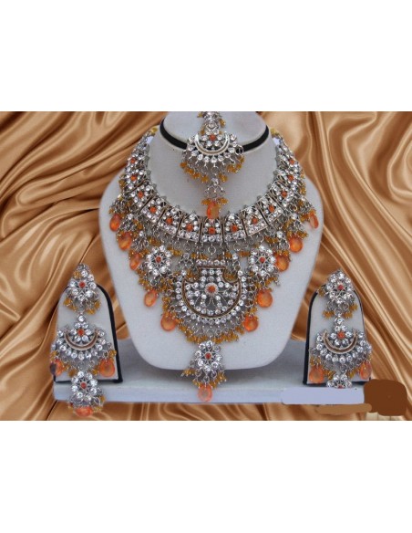 Parure Bijoux indiens pas cher Argenté & Orange  - 1