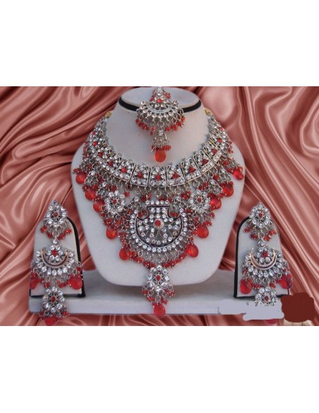 Parure Bijoux indiens pas cher Argenté & Rouge  - 1