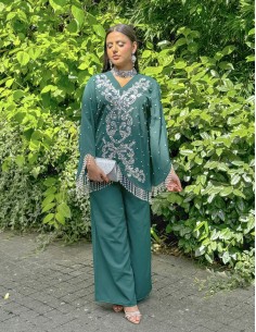 ensemble pantalon tunique perlé strass sequins vert argenté - 1 2