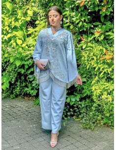 ensemble pantalon tunique perlée strass sequins bleu ciel argente  - 1 2