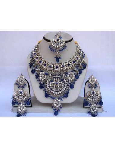Parure Bijoux indiens pas cher Argenté & Bleu royal  - 1