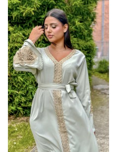 Abaya Lille pas cher avec ceinture  vert clair dore  - 1 2