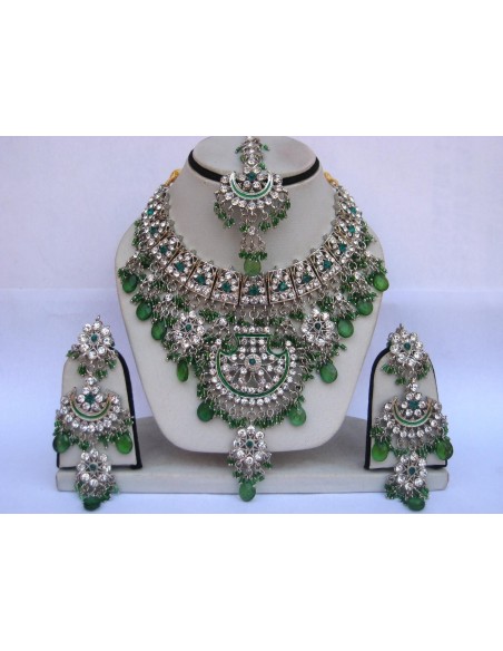 Parure Bijoux indiens pas cher Argenté & Vert  - 1