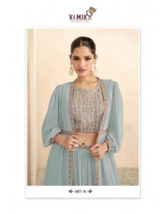 Lehenga Choli sari Vamika brodé Bleu clair  - 1 2