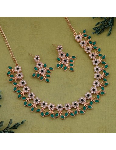 SET Bijoux collier flower dore vert  - 1