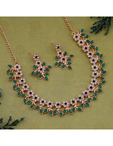 SET Bijoux collier flower dore vert  - 1
